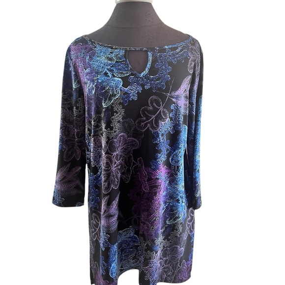 Clara Sun Woo Floral Patterned Jersey Tunic Top Black, Blue, Purple Size Medium - Picture 1 of 8